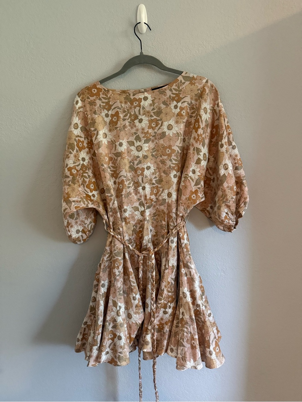 Aakaa Beige Floral Tie-Waist Mini Dress